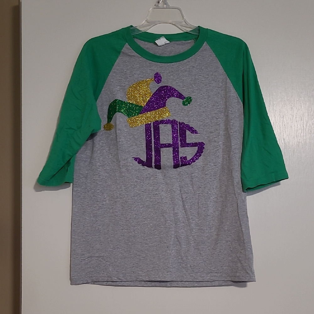 Green and Gray Raglan Shirt With Mardi Gras Monogram
